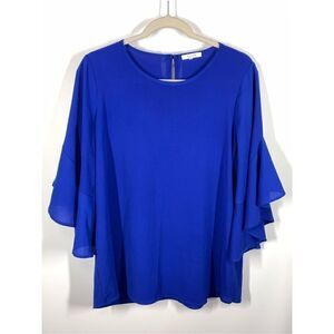Pleione Women's Bell Sleeve Round Neck Keyhole Back Blouse Blue Medium